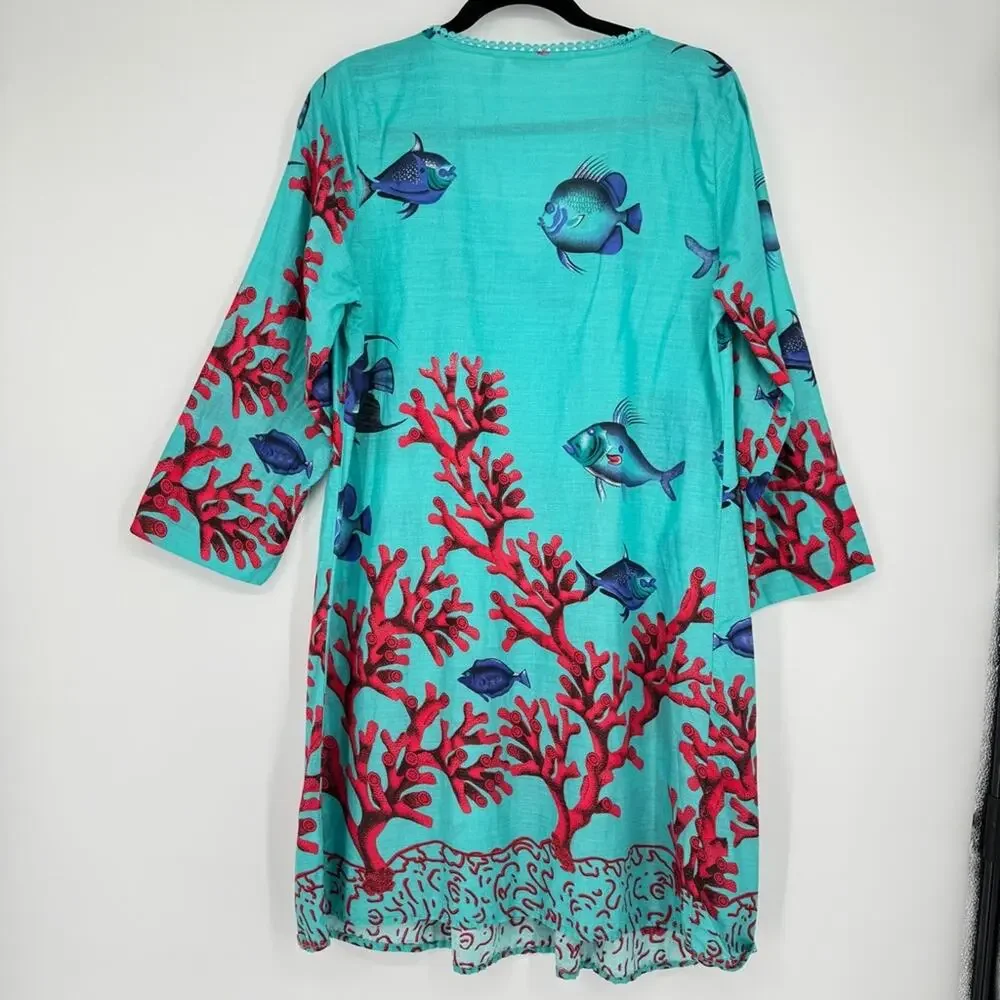 Soft Surroundings Ocean Beach Fish Coverup‎ Tunic Dress Coral Reef Size S